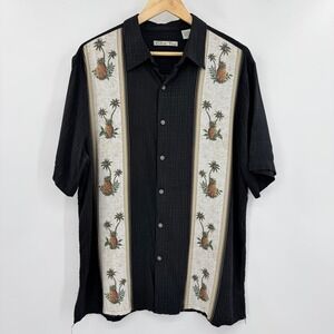 Batik Bay Mens Black Rayon Camp Shirt Pineapple Palm Tree Tropical Panel Print